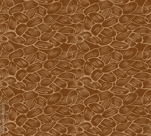 Hand drawn seamless pattern with cacao beans, contour scribbles on the brown background. Vector illustration