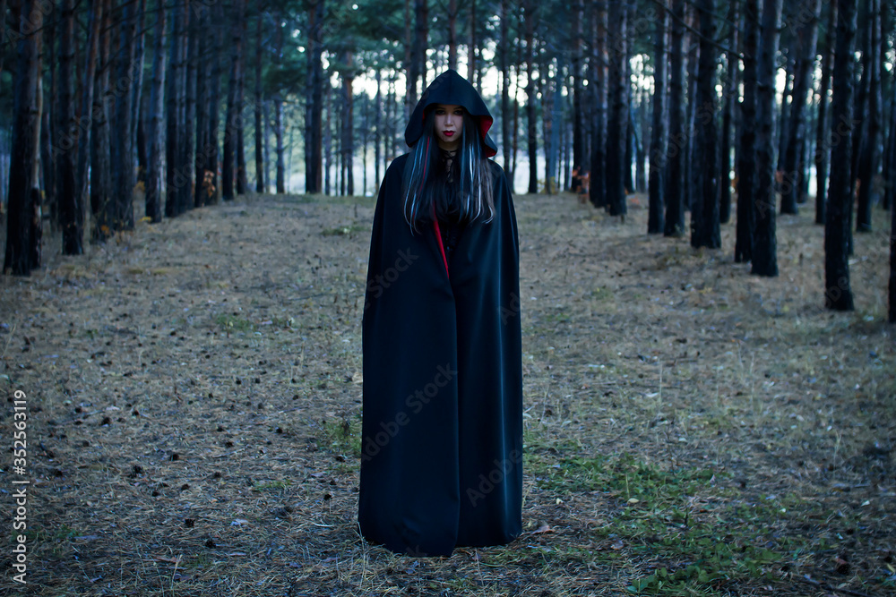 Vampire Woman in a gloomy forest. Beauty Sexy Vampire Girl in a cloak with a hood. Sexy Witch. Wicked look and pale skin. Attractive model girl in Halloween costume and make up. Vampire Woman in a gloomy forest. Beauty Sexy Vampire Girl in a cloak with a hood. Sexy Witch. Wicked look and pale skin. Attractive model girl in Halloween costume and make up.