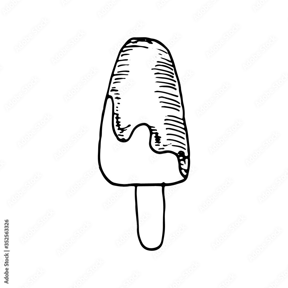 Tasty ice-cream covered with chocolate glaze. Vector hand drawn illustration in sketch doodle style isolated on white background. Concept of delicious summer snack, fruity ice, sundae, children. Tasty ice-cream covered with chocolate glaze. Vector hand drawn illustration in sketch doodle style isolated on white background. Concept of delicious summer snack, fruity ice, sundae, children.