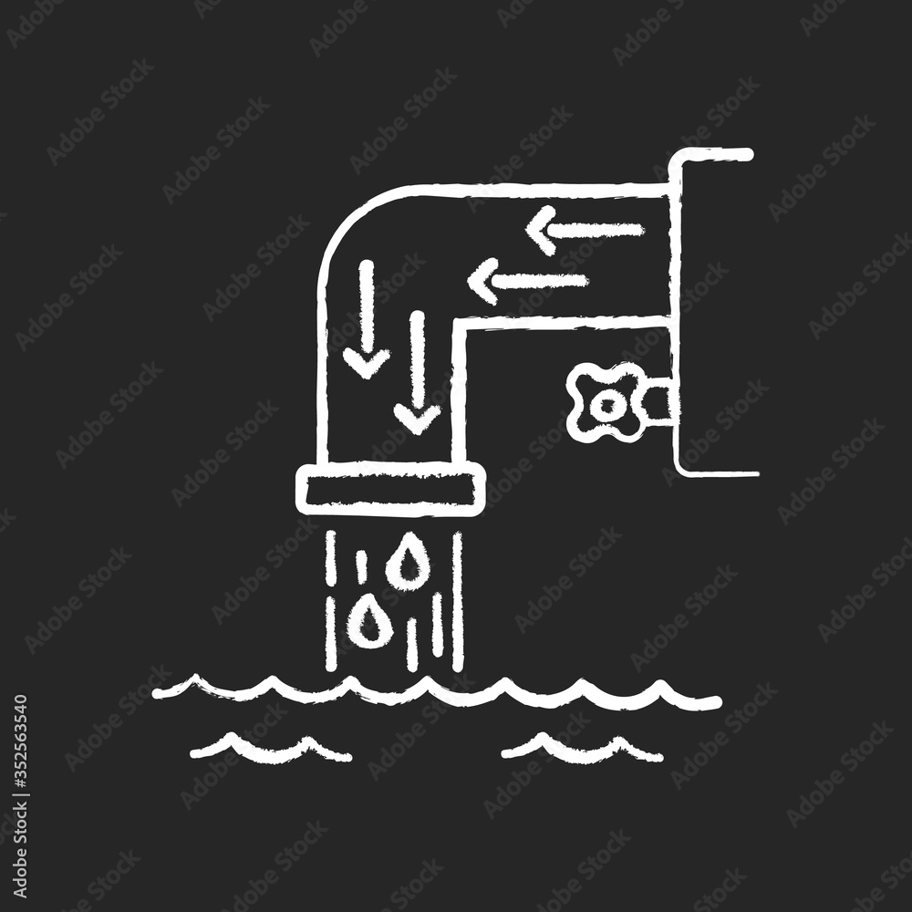 Drainage system chalk white icon on black background. Steel pipe with flowing water. Environmental pollution from factory. Urban infrastructure. Isolated vector chalkboard illustration Drainage system chalk white icon on black background. Steel pipe with flowing water. Environmental pollution from factory. Urban infrastructure. Isolated vector chalkboard illustration