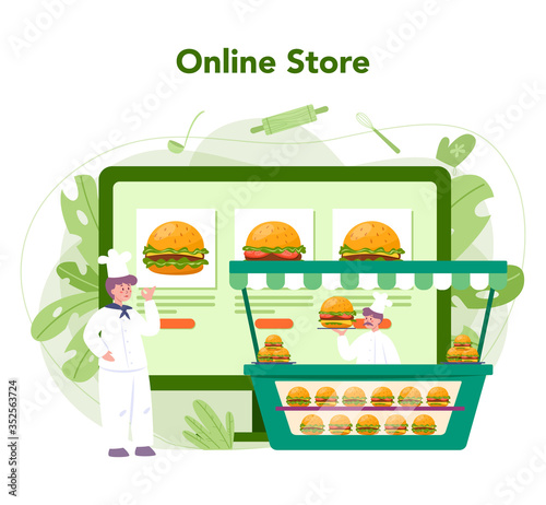 Fast food, burger house concept. Chef cook tasty hamburger with