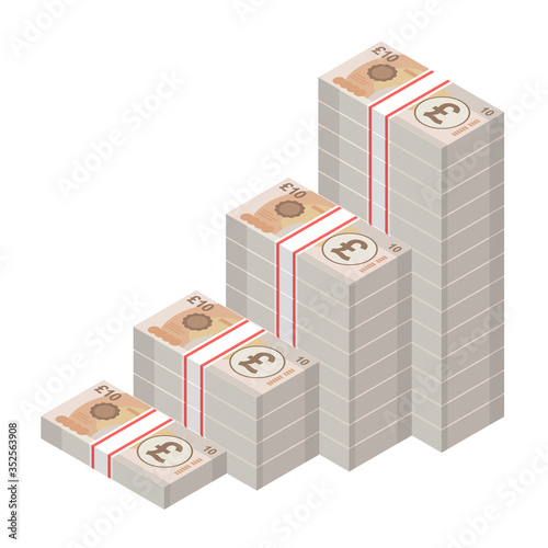 Isometric money banknotes stacks rising up graph. Big pile of 10 pound sterling bills. Cash flow stairs. Business concept profit growth. Vector illustration
