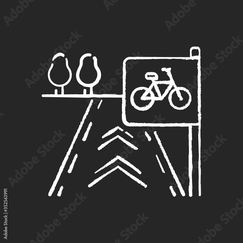 Bicycle lane chalk white icon on black background. Path to exercise on bike. Pedestrian street. Road for fitness activity. Sidewalk for pedal vehicle. Isolated vector chalkboard illustration