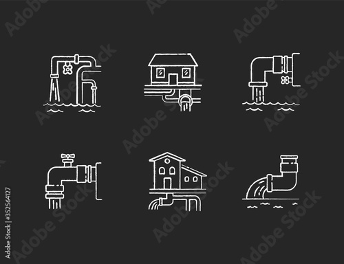 Drainage pipe system chalk white icons set on black background. Home sanitation service. Pipeline structure for waste water. House utility. Isolated vector chalkboard illustrations