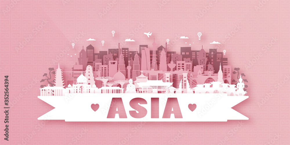 Naklejka premium Asia Landmarks Travel postcard, poster, tour advertising of world famous landmarks. Vectors illustrations