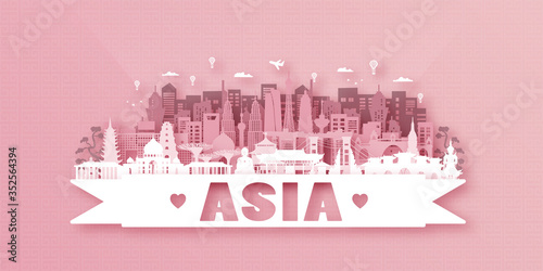 Asia Landmarks Travel postcard, poster, tour advertising of world famous landmarks. Vectors illustrations
