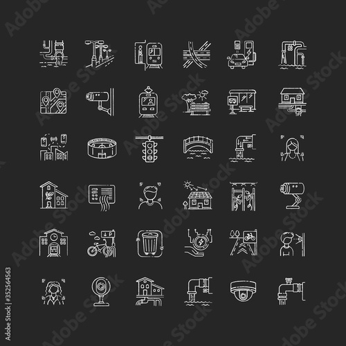 City infrastructure chalk white icons set on black background. Traffic control. Pipeline for resource. Electricity and water supply. Urban utility pipe. Isolated vector chalkboard illustrations