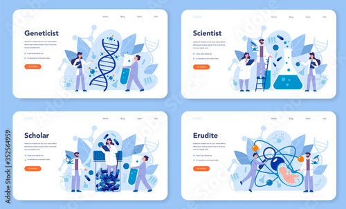 Geneticist web banner or landing page set. Medicine and science
