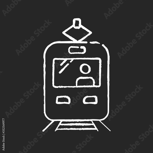 Tram chalk white icon on black background. Rapid transit. Commuter on train stop. Fast transportation. Urban public transport. City road infrastructure. Isolated vector chalkboard illustration