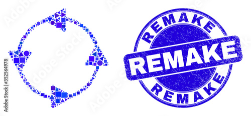 Geometric CCW circulation arrows mosaic pictogram and Remake seal stamp. Blue vector round textured stamp with Remake caption. Abstract composition of CCW circulation arrows made of round, tringle,