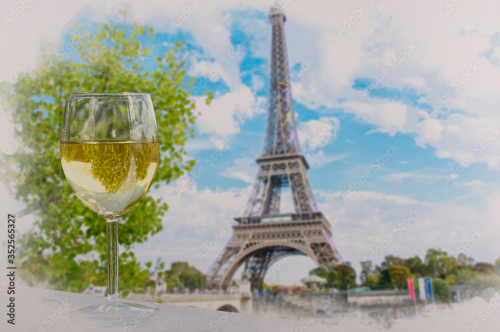 Watercolor effect of view of glass of white wine with Eiffel tower view in Paris, France
