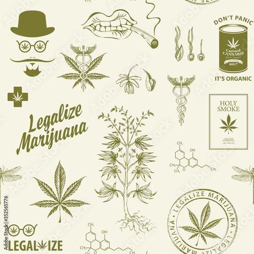 Vector seamless pattern in retro style on the theme of marijuana legalization. Repeatable background with hand-drawn hemp leaves, cannabis plant, hipster face and other sketches on a light backdrop