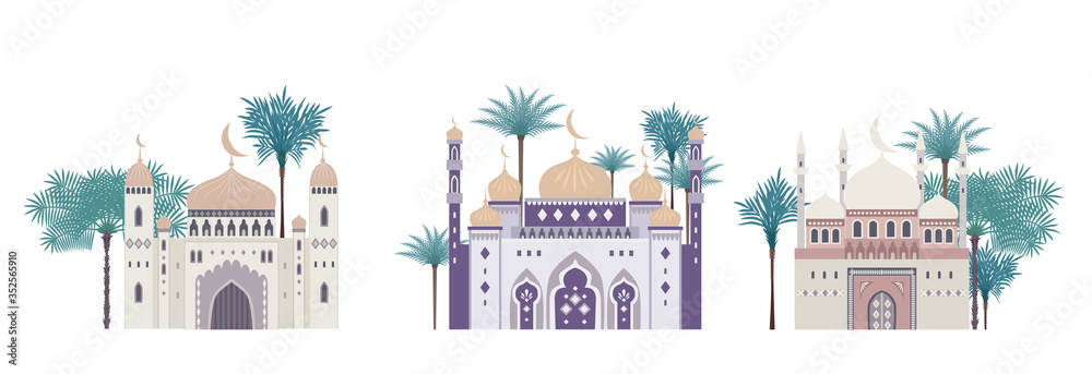Set of decorative mosques with palms for design of greeting cards