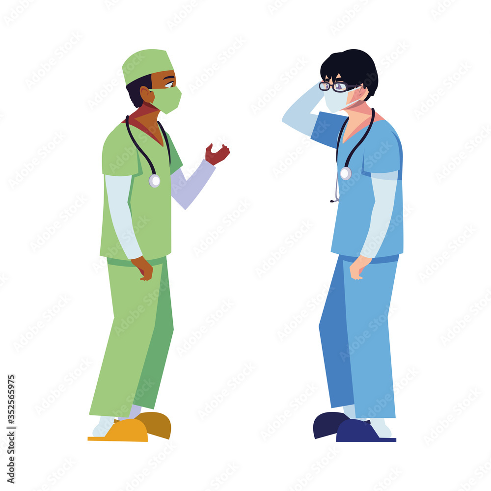 Men doctors with uniforms and masks vector design