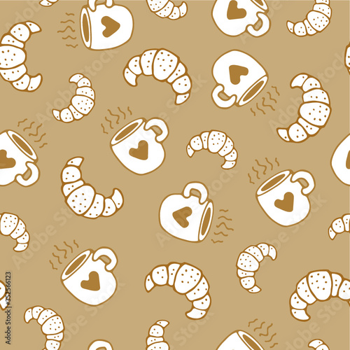 Wallpaper Mural seamless pattern coffee with croissants.Hot chocolate in mug with bakery products.background croissants and coffee for morning.Trendy texture for print,textile,fabric.pattern for bakery and cafe Torontodigital.ca