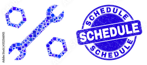 Geometric wrench and nuts mosaic pictogram and Schedule stamp. Blue vector rounded textured stamp with Schedule message. Abstract mosaic of wrench and nuts done of round, triangles,