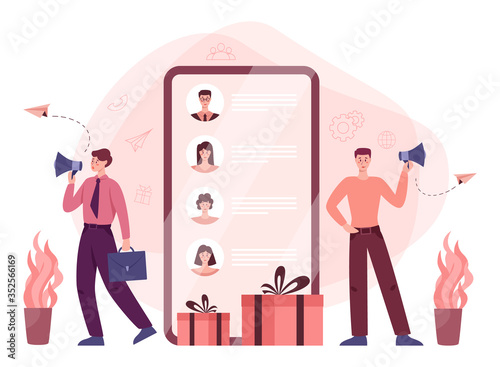 Referral program concept. People making money and working in referral