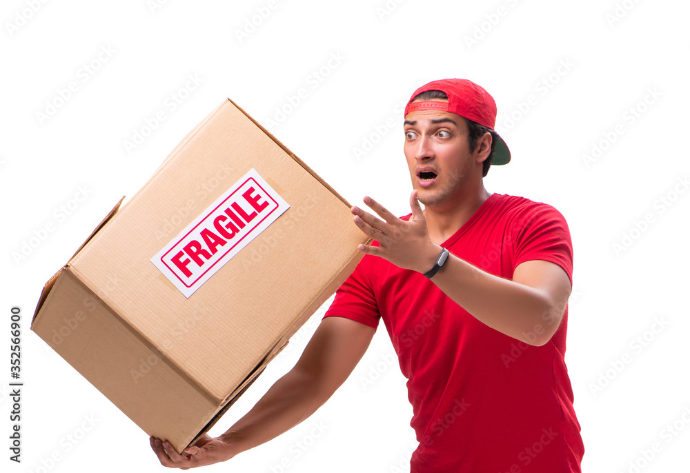 Handsome contractor holding fragile box isolated on white Handsome contractor holding fragile box isolated on white