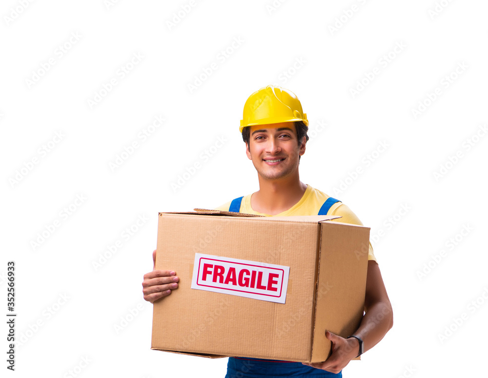 Young contractor with fragile boxes isolated on white