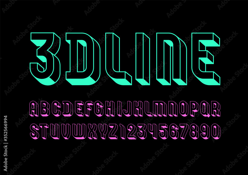 3D Font from neon color, trendy bright alphabet, modern condensed letters and numbers for your design, vector illustration 10eps