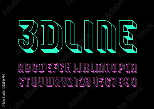 3D Font from neon color, trendy bright alphabet, modern condensed letters and numbers for your design, vector illustration 10eps