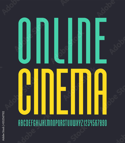 High colored font, trendy condensed alphabet sans serif, modern letters and numbers, for your designs: logo, movie banner, cinema poster and more, vector illustration 10EPS