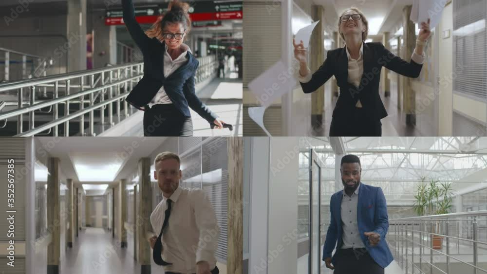 Multi screen business people dancing with joy in different locations
