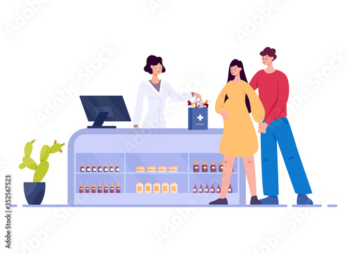 Modern pharmacy interior with visitor. Client order and buy