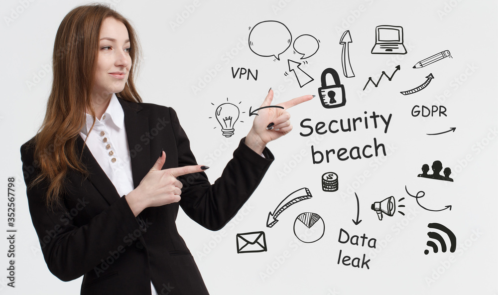 Business, technology, internet and network concept. Young businessman thinks over ideas to become successful: Security breach Business, technology, internet and network concept. Young businessman thinks over ideas to become successful: Security breach