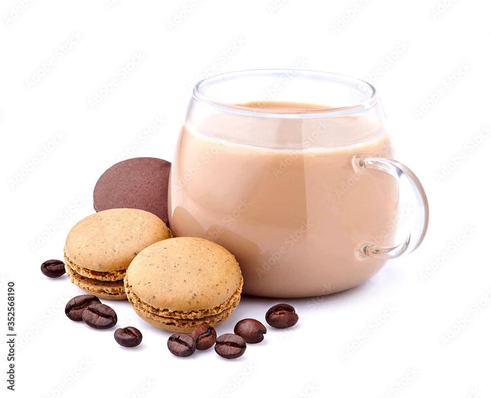 Coffee drinks with Sweet macarons assorted isolated on white background. Clipping Path. Coffee drinks with Sweet macarons assorted isolated on white background. Clipping Path.