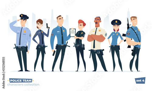 Police officers collection, police man and police woman team. Cops and officers security in uniform standing together