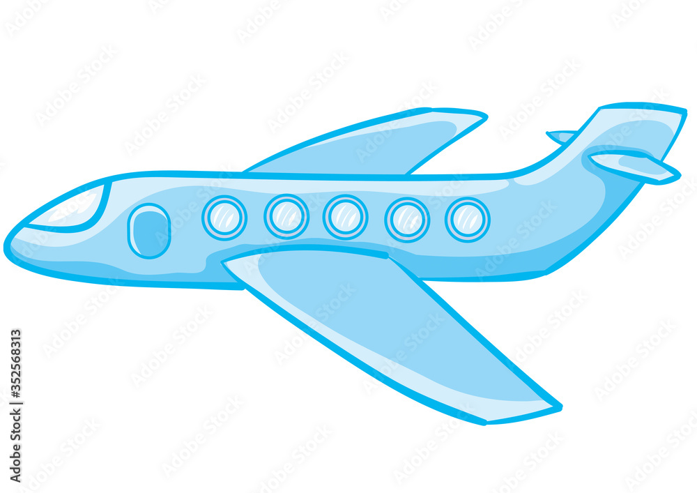 cartoon illustration, blue airplane, isolated object on a white background, vector illustration,