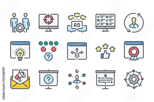 Search Engine Optimization related color line icon set. SEO and Marketing colorful linear icons. Advertisement flat color outline vector sign collection.