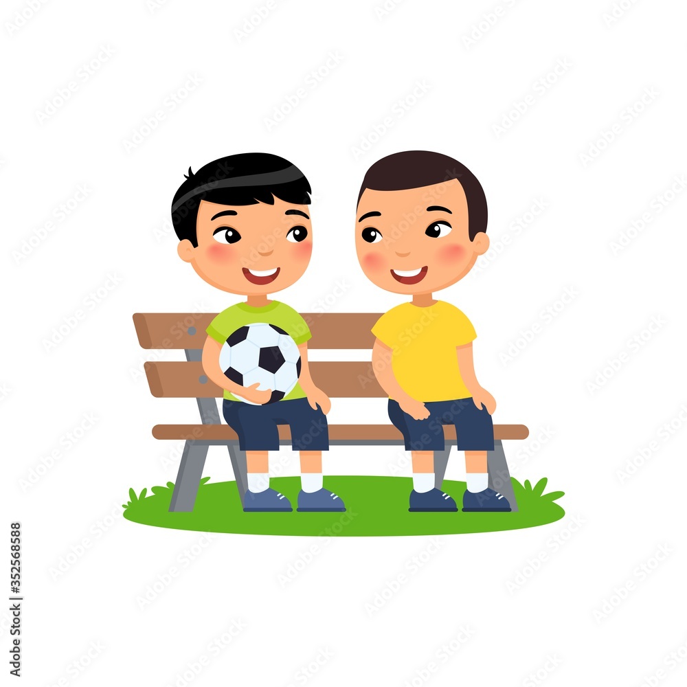 Two little asian boys with soccer ball sit on bench. Summer holidays, recreation, sports, hobbies. Vector flat illustration. Children cartoon characters isolated on white background.