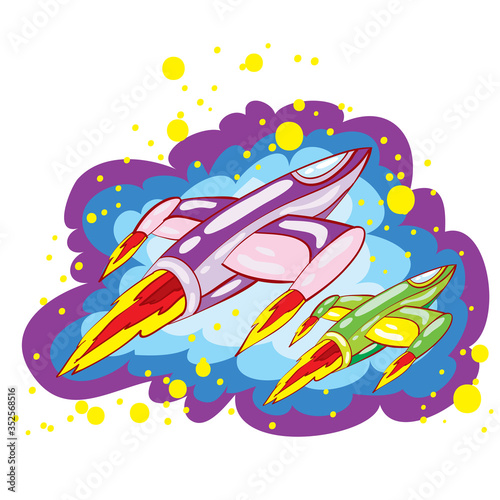 cartoon illustration, spaceship flies in space, isolated object on a white background, vector illustration, © Oxana Kopyrina