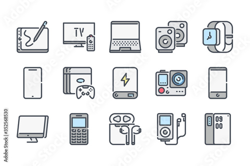 Electronic Devices related color line icon set. Gadgets and Electronic Equipment colorful linear icons. Electronics and Multimedia equipment flat color outline vector sign collection.
