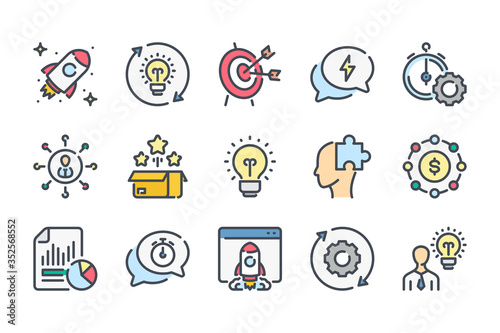 Startup related color line icon set. Creative Idea And Business Process colorful linear icons. Launch of the Project flat color outline vector sign collection.