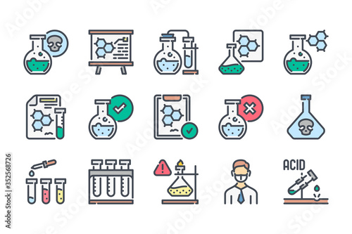Laboratory and scientific equipment related color line icon set. Chemistry and Science Experiment colorful linear icons. Chemistry, Science and Laboratory flat color outline vector sign collection.