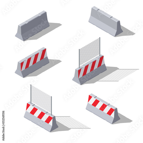 Isometric concrete road barriers. Road work fence set.