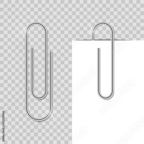 Realostic paper clip. Metal school clip with shadow. Office vector binder fix paper