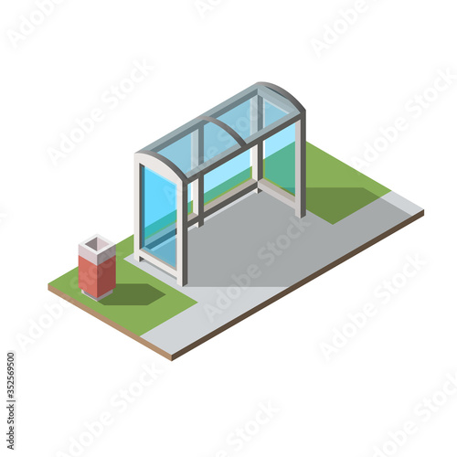 Bus stop and street trash can. Flat 3d vector isometric illustration.