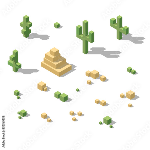 Desert isometric decorations. Cactuses and stones.