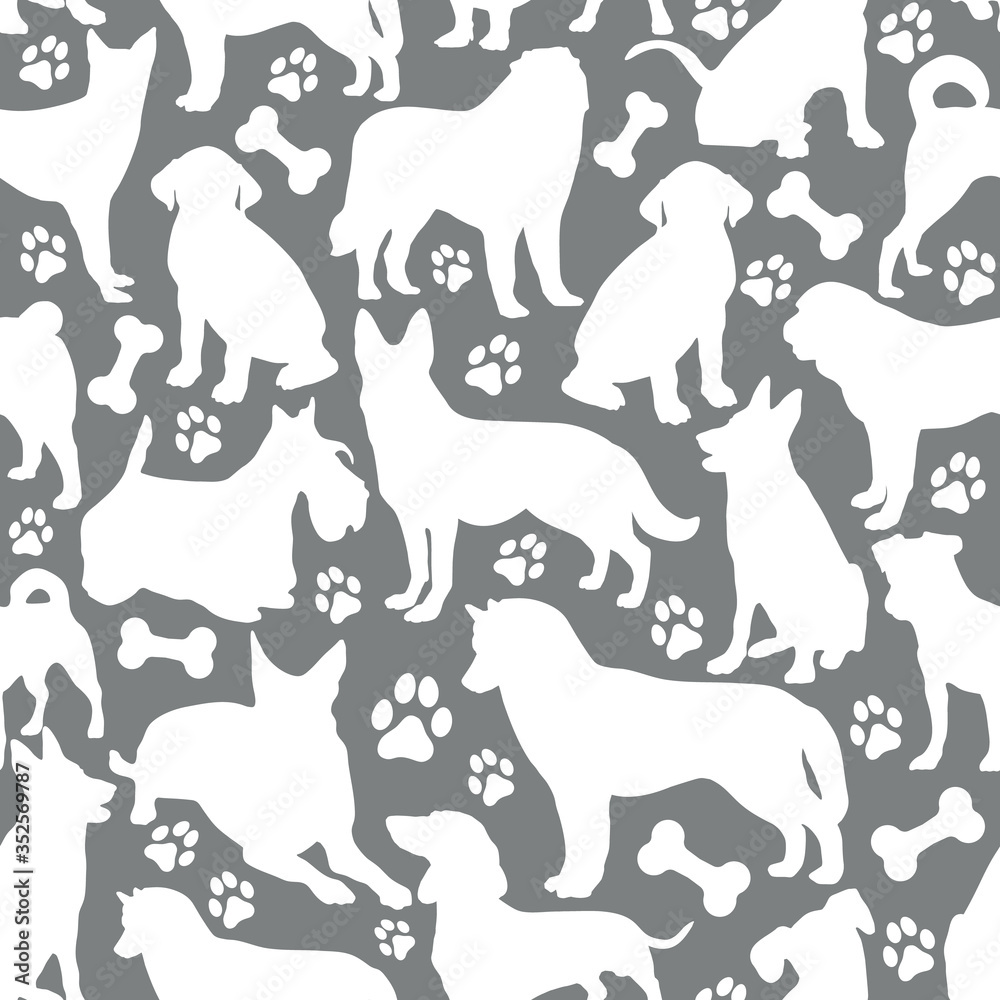 Pattern of white colors dogs background illustration on grey. Animal collection. seamless surface pattern.