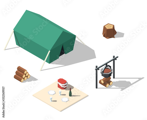 Vector isometric low poly picnic camp site. Firewood, picnic basket, bonfire with a bowler hat.