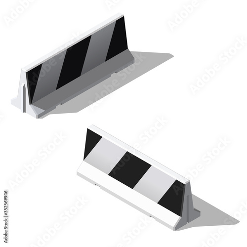 Isometric black and white striped concrete road barrier. 