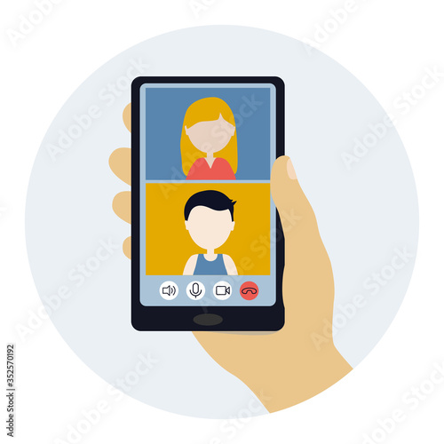 Flat vector illustration on the subject of video communication. Communicate with friends. colleagues and relatives by phone, video conference.