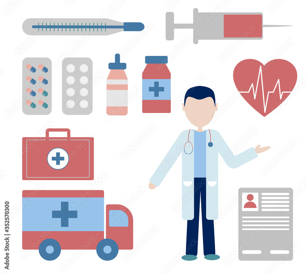 Set of flat vector illustrations on a medical theme. Doctor, pills, ambulance, syringe, thermometer, heartbeat, medicine. Set of flat vector illustrations on a medical theme. Doctor, pills, ambulance, syringe, thermometer, heartbeat, medicine.