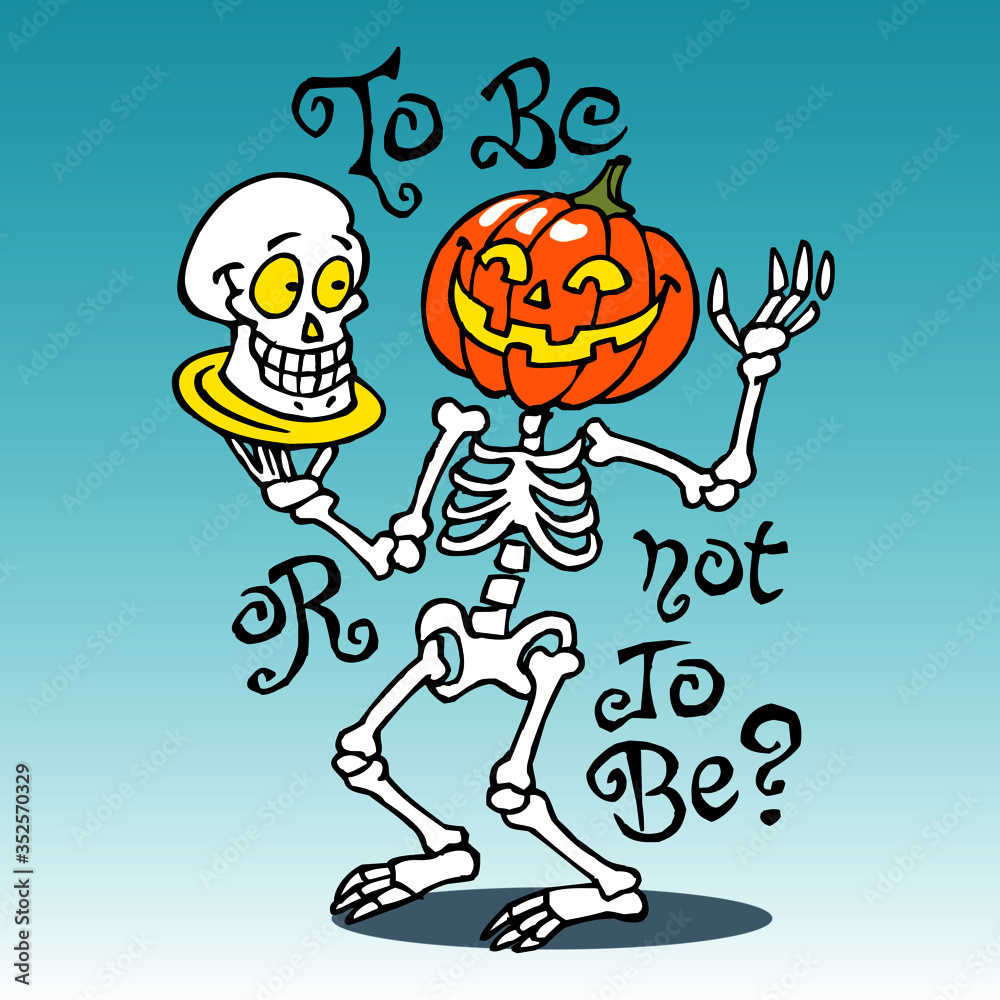 Skeleton with pumpkin head holding tray with his skull with question to be or not to be, Halloween theme colored cartoon on blue background