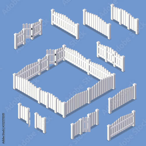 Isometric set of white fence with gates. Fencing constructor.