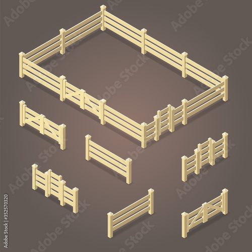 Isometric set of wooden fence with gates. Fencing constructor.